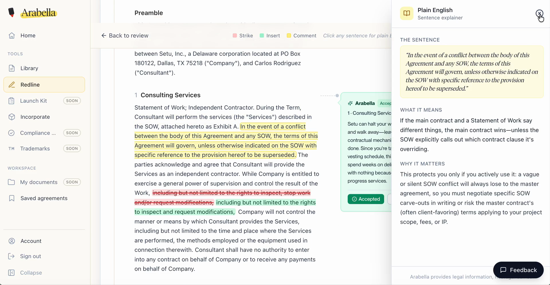 Arabella redline view of a contract showing tracked changes with red strikethrough deletions, green insertions, and comment highlights, beside a plain-English sentence explainer panel.